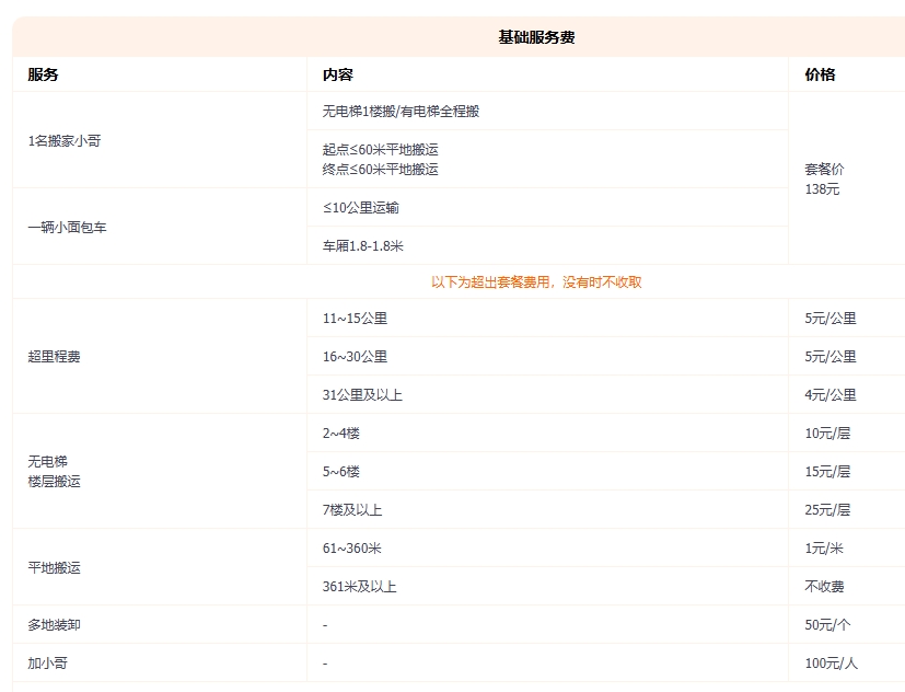 家庭搬家价格收费表